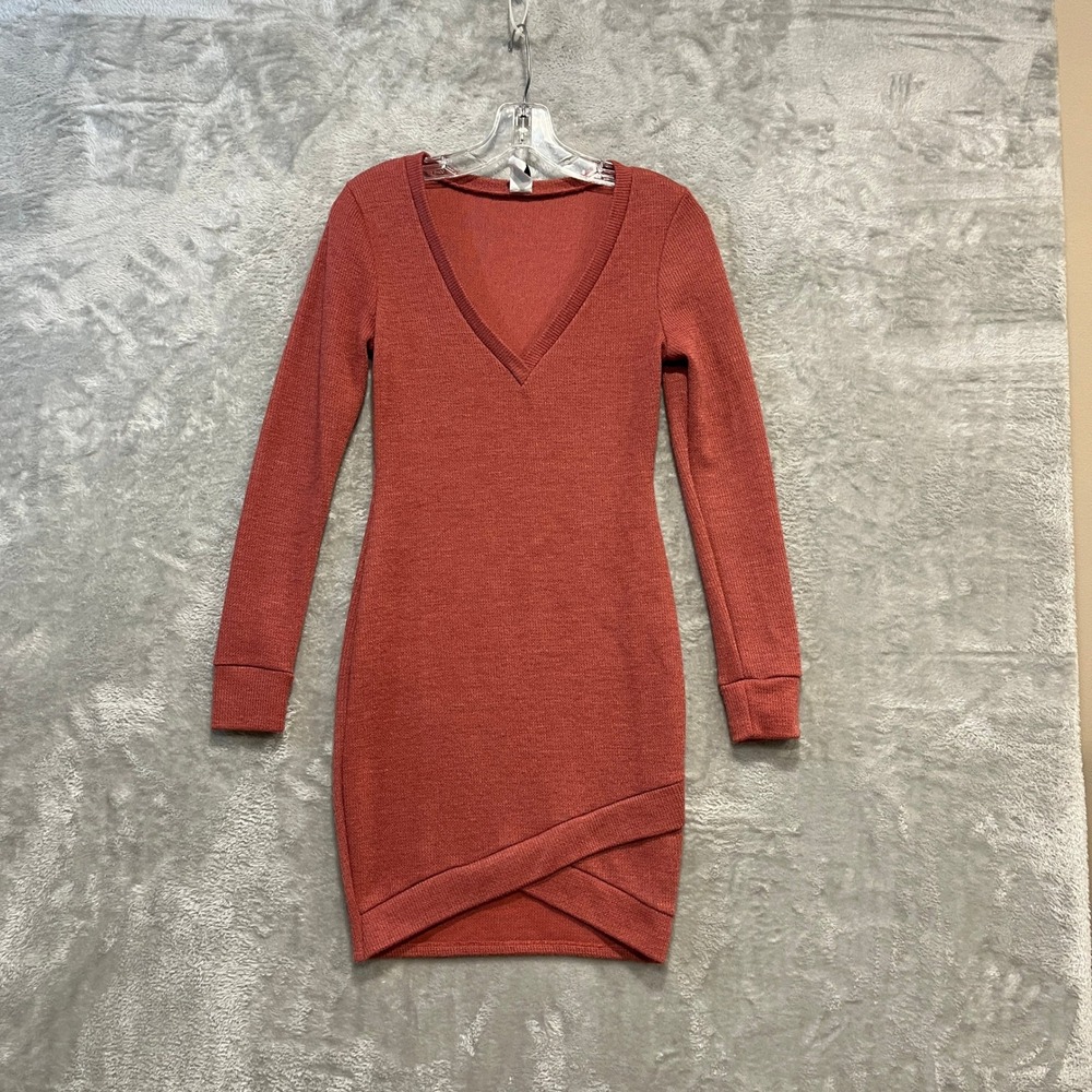 Windsor Mini Dress Womens Small Rust Orange Ribbed Knit Long Sleeve V-Neck Tulip